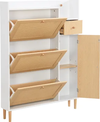 Produktbild von Flieks Schmal Schuhschrank mit 3 Klappen, Rattan Schuhschrank Schuhkipper mit Schublade und Tür, Schuhkommode mit Verstellbarer Ablage, Weiß