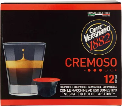A box of Caffe Vergnano 1882 Cremoso coffee capsules.
