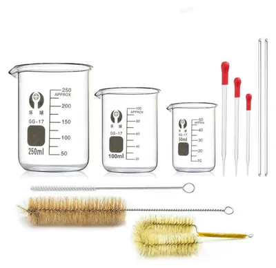 Zdjęcie produktu dla Zestaw zlewek ze szkła borokrzemowego 3 sztuki 50 ml 100 ml 250 ml z pipetami i pędzelkami