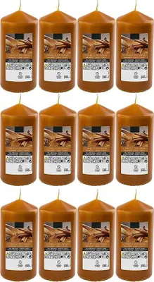 Obrázok produktu pre Unyqoos® Vonná sviečka s vôňou škorice – sada 12 kusov, veľké stĺpikové sviečky, rozmer 120 x 57 mm (priemer 57 mm), XXL, doba horenia 34–36 hodín, vysoký podiel sójového vosku