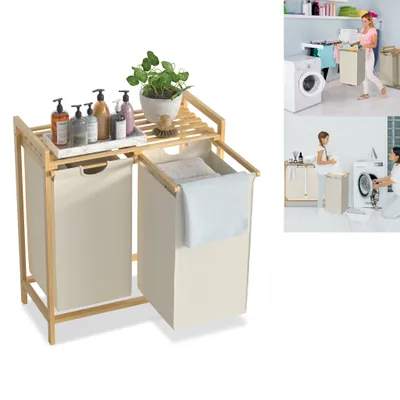 Obrázok produktu pre XMTECH Kôš na bielizeň, 2 priehradky 36L, kôš na bielizeň z robustného materiálu s hornou poličkou a odnímateľnými vreckami a držadlami, triedič bielizne do práčovne, spálňa, kúpeľňa, béžová farba