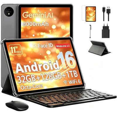 Image de Tablette avec Gemini AI, Android 16. Tablettes avec étui, souris et clavier. Processeur Octa-Core. 32 Go de RAM + 128 Go de ROM + 1 To de stockage TF. Écran HD 1920x1200, 90 Hz. Appareil photo 5MP + 8MP. Taille de l'écran : 11 pouces
