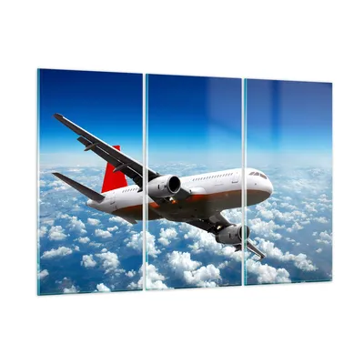 Produktbild von Bilder auf glas - Passagier Flugzeug Motoren Wolken - 105x70cm - Glasbilder - Wandbilder - Kunstdruck - Wanddekoration aus Glas - Glas Bilder - Wandbild auf Glas - GCE105x70-0375