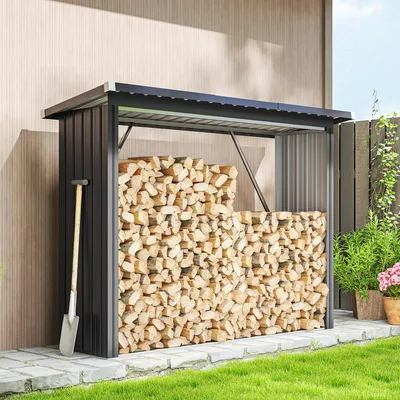 Produktbild von Brennholzunterstand mit Schrägdach, Kaminholzregal Verzinkter Stahl, erhöhter Boden, Dunkelgrau | 213 x 66,5 x 150 cm | 17 kg