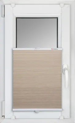 A close-up view of a window with a pleated blind.