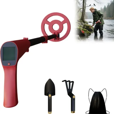 Produktbild von UISEBRT Metalldetektor in Rot für Kinder - Mit LCD-Display & wasserfester Spule & Lang Handgriff - Inkl. vollständigem Ausgrabungsset (Schaufel+Kralle+Tasche)