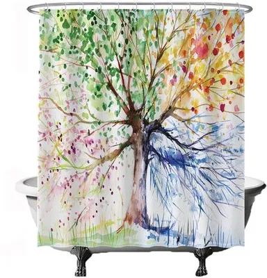 Obrázek produktu pro Unyqoos® Voděodolná sprchová závěsa 180 x 200 cm – vzor akvarel (zelená/modrá/žlutá/růžová), polyester, 12 bílých kroužků, rychleschnoucí, odolná proti plísním