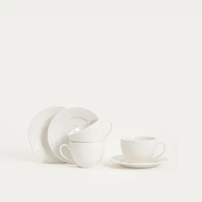 Produktbild von HOMLA SYLIA-Tassen- und Untertassen-Set, groß, weiß, mit Ornament, 6-teilig