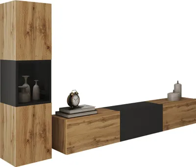 Produktbild von MIRJAN24 Wohnwand Berlin I, Stilvoll Wohnzimmer-Set, TV-Schrank, Modern Mediawand (Wotan Eiche / Wotan Eiche + Schwarzer Graphit, ohne Beleuchtung)
