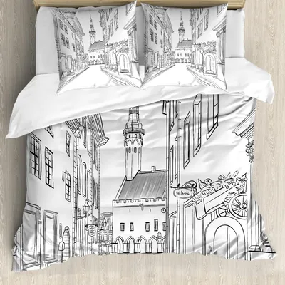Produktbild von ABAKUHAUS Stadt Bettbezug Set, Umrisszeichnung mit malerischem Blick auf Rathaus in Medieval Old Estland, 155 x 220 cm + 80 x 80 cm, Charcoal Grau Weiß