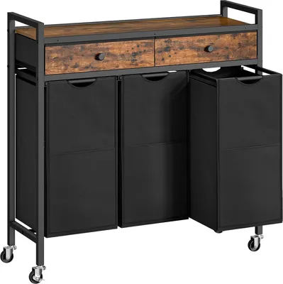 Produktbild von Allecto – Wäschekorb auf Rädern – Wächesorter – 3 Fächer – Rustikbraun und Schwarz – Ausziehbare Wäschebeutel – Geeignet für den Hausgebrauch – 84 x 30 x 96 cm