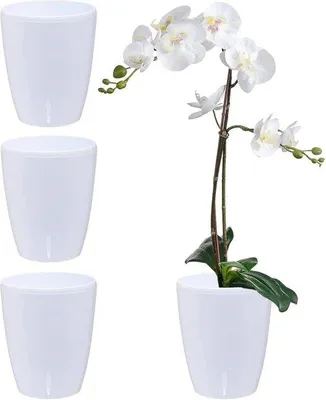 Image de Lot de 4 pots pour orchidées - Diamètre 12 cm - Pots à arrosage automatique - Système de rétention d'eau - Indicateur de niveau d'eau - Blanc - 13 litres - Pour plantes d'intérieur