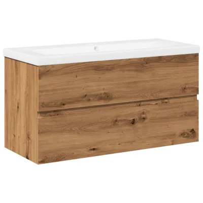 A bathroom vanity with a sink on a white background.