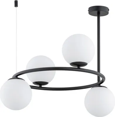 Produktbild von Minimalistische Pendelleuchte, schwarz, mit 4 weißen Kugeln, Modell RINGO, 4xE14, 10W, ALF63256, Marke Alfa