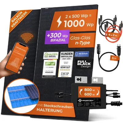 Produktbild von Solarway® Balkonkraftwerk 1000W komplett Steckdose - Envertech 800 Watt Wechselrichter - Solaranlage Komplettset - 500W Solarmodule & Stockschrauben