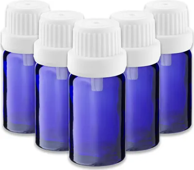 Produktbild von 5x Blaue Glasflasche 10 ml mit weißem Tropfeinsatz Apothekerflasche