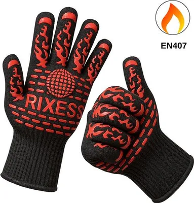 Image de Gants de protection thermique Unyqoos® pour barbecue et four – s EN 407, résistants à la chaleur jusqu'à 500 °C, lot de 2, noirs avec motif de flammes rouges, taille unique