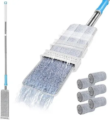 Produktbild von Unyqoos® Mikrofaser-Flatmopp – 360°-Drehkopf, 123 cm Edelstahlstiel, integrierte Schleuder & 6 wiederverwendbare Pads für Parkett, Laminat, Fliesen