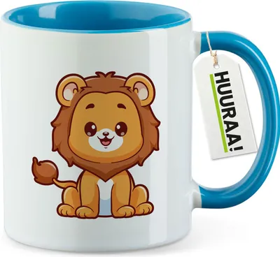 Produktbild von Huuraa Kaffeetasse Löwe Comic 330ml Blau Keramik Kaffeebecher Geschenkidee