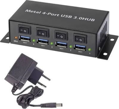 Produktbild von Renkforce RF-3955362 USB-Hub 4 Port USB-A USB 3.0 5 GBit/s Metallgehäuse, einzeln schaltbar, zur Wandmontage Schwarz RF