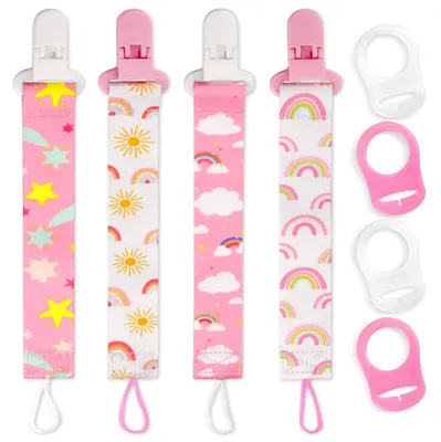 Immagine prodotto di Set di 4 catenine per ciucci per neonate, con adattatori e clip, colore rosa e bianco