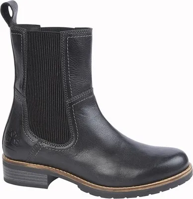 A black leather boot on a white background.