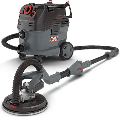 A dust-free drywall sander system with a vacuum cleaner and a long extension pole.