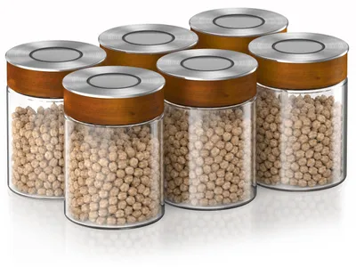 Productafbeelding van Arendo voorraadpotten, set van 6, elk 750 ml, gemaakt van borosilicaatglas met een luchtdichte vacuüm-klikdeksel. RVS-deksel met siliconenafdichting. Voorraadcontainers, 6 stuks, transparant