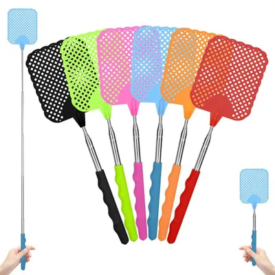 Imagen del producto de Repelente de moscas de acero inoxidable, juego de 6 unidades, con mango telescópico de 26,5 a 73 cm, para uso en interiores y exteriores