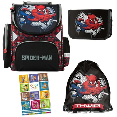 Produktbild von Schulranzen für Jungen und Mädchen, 4er-Set - Schul-Rucksack für Kinder mit Federmäppchen - Schuhbeutel und Hausaufgabenheft - Spider-Man Motiv