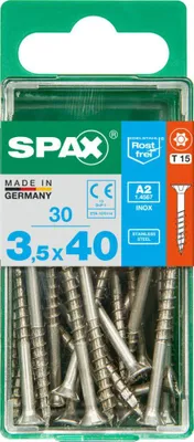 Produktbild von SPAX Edelstahlschraube, 3,5 x 40 mm, 30 Stück, Teilgewinde, Senkkopf, T-STAR plus T15, 4CUT, Edelstahl rostfrei A2 - 4197000350401