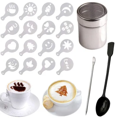 Kaffee Latte Art Set: Streuer, 16 Schablonen, Löffel, Stift