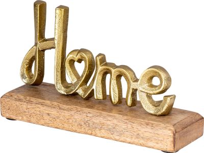 Aufsteller Home H11cm Schriftzug Gold Metall Holz Deko Mangoholz Tischdeko