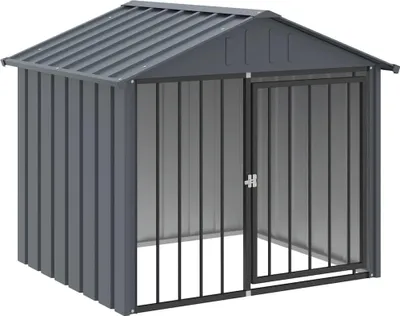 A gray metal dog house with a sloped roof and a barred door.