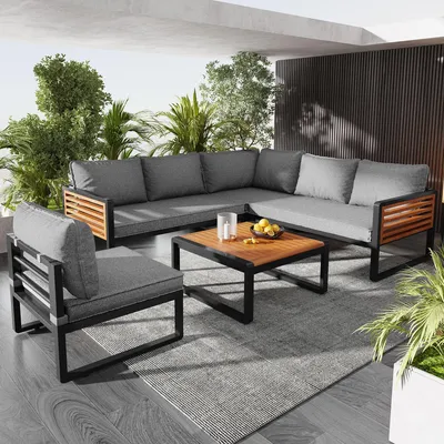 Produktbild von Gartenlounge-Set für 5-6 Personen, 5-teilige Gartenmöbel-Ecke mit Couchtisch, wetterfester Eisenrahmen verzinkt, Holz-Akzente, inkl. waschbarer Kissen, Modernes Outdoor-Sofa