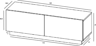 A technical drawing of a TV cabinet with dimensions indicated.