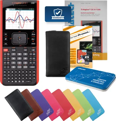 Produktbild von TI-Nspire CX II-T CAS, Tasche Nappaleder schwarz, Folie, Fachbuch & Zirkel Set