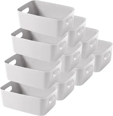Image de Boîte de rangement plastique avec poignées 10 pièces panier organisateur cuisine salle de bain étagère gris