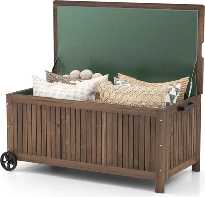 Obrázok produktu pre 213-L drevený záhradný box, úložný box s vodotesnou PE podšívkou, 2 hladko sa pohybujúcimi kolieskami a veľkým úložným priestorom na záhradný nábytok, hnedý