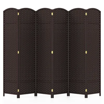 Image de COSTWAY Séparateur de pièce pliable en 6 parties, 170 cm de haut, avec texture tissée à la main & cadre en bois massif, séparateur mural indépendant et séparateur de pièce brun