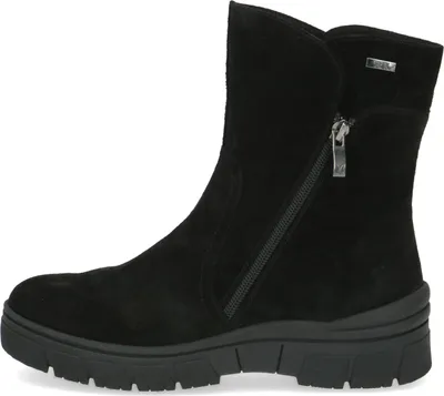 A black suede boot shown from the side against a white background.