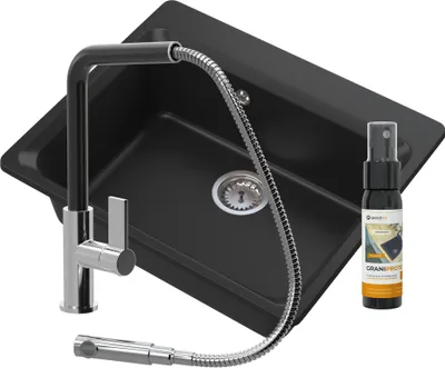 Immagine prodotto di Lavello in granito Granitan | ZANTE - 619 x 522 mm - nero - da incasso con vasca profonda - rubinetto da cucina incluso