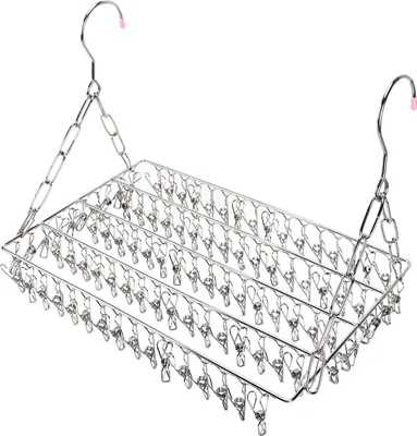 Produktbild von Wäscheständer aus Edelstahl, multifunktional, silberfarben, zum Aufhängen von Kleidung, Handtüchern und Socken, 100 Klammern