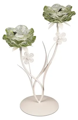 Produktbild von Tischlicht Teelichthalter 2-flammig mit Blüte, Metall und Glas, Grün, 32 cm