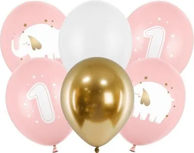 Immagine prodotto di 6 palloncini 1° compleanno elefante rosa oro
