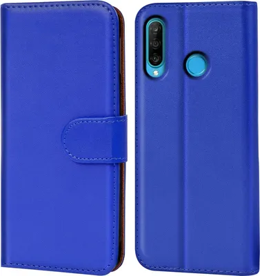 A blue flip case for a Huawei P30 Lite phone is shown, with the phone inserted into the case on the right side of the image. The case is open, revealing the phone's camera.