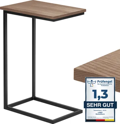 Produktbild von LAMO Manufaktur Beistelltisch | Laptoptisch | Sofatisch | mobiler Kaffeetisch | Nachttisch | 45x30x67 cm | Gestell Schwarz | 100% Echtholz Massiv Platte farbe: Nussbaum