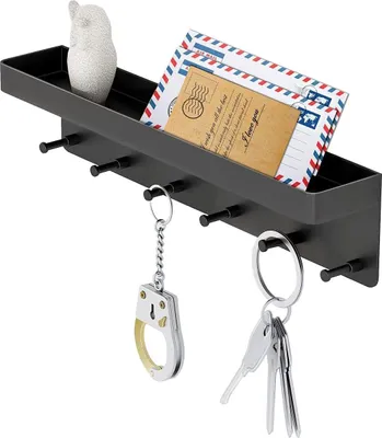 Produktbild von Dekorativer Schlüsselhalter für die Wand – Briefablage und Schlüsselbrett mit Ablage für Flur, Küche, Landhausstil, Wandmontage – 6 Haken (Schwarz)