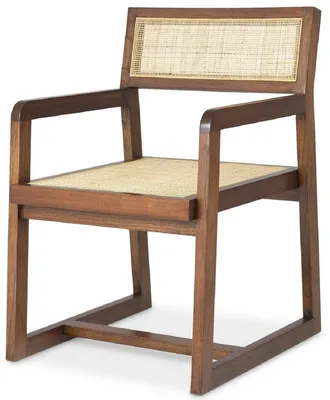 Produktbild von Casa Padrino Luxus Esszimmerstuhl Braun / Naturfarben 58,5 x 65,5 x H. 89 cm - Massivholz Stuhl mit Armlehnen und handgewebtem Rattangeflecht - Luxus Esszimmer Möbel