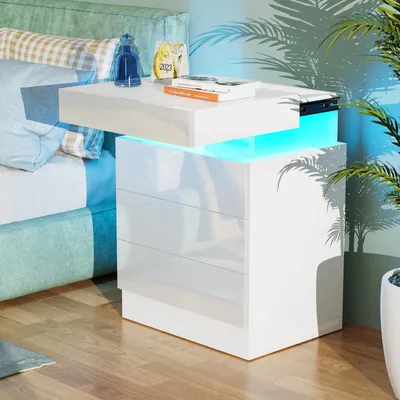 Produktbild von Nachttisch,Nachttisch Weiß Hochglanz mit LED Licht,Nachtkommode mit 3 Schubladen und Versteckte Schiebeschränke für Wohnzimmer,Schlafzimmer 40x35x61cm